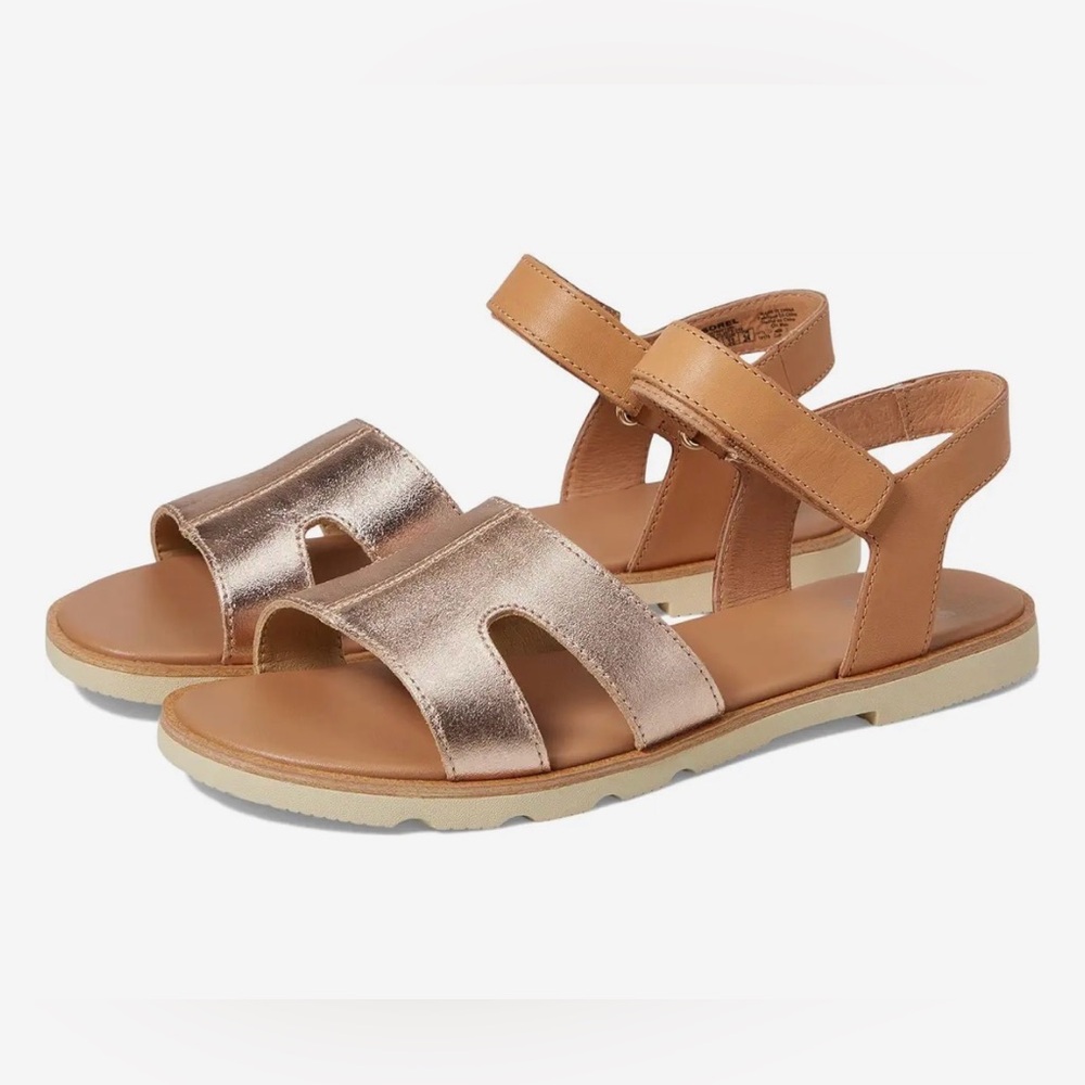 Stylish women’s Sorel Sandals in Tan and Gold Ella III ankle strap